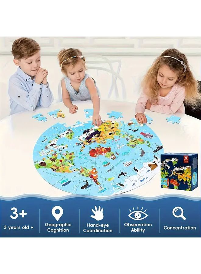 خريطة العالم لغز 70 قطعة لغز أرضي تعليمي للأطفال مع الحيوانات والمعالم - Image 3